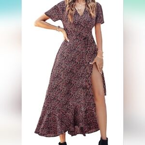 PRETTYGARDEN large Women's Summer Wrap Maxi Dress Casual Boho black red Floral